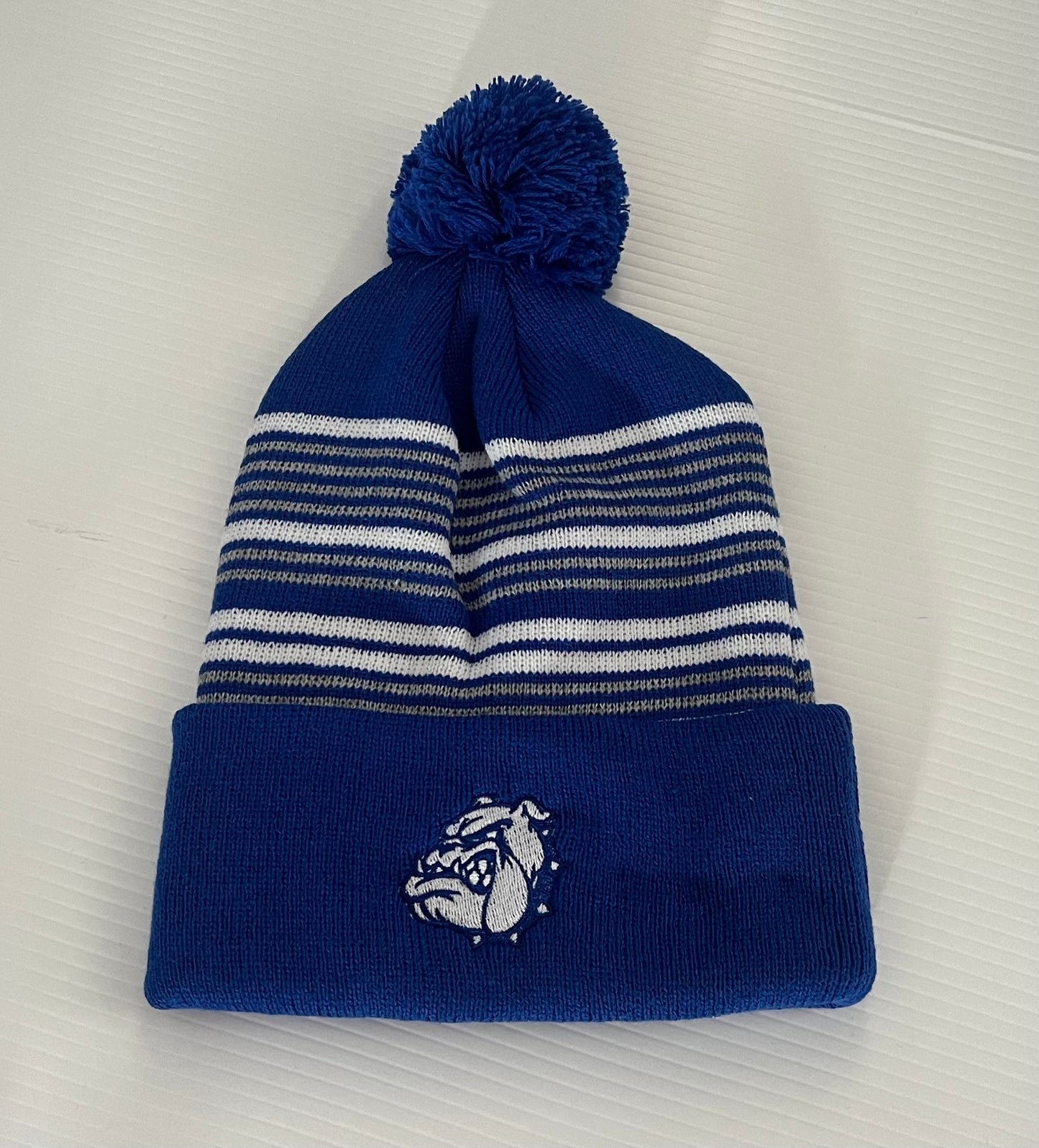 Bulldog Pom Beanie stripes