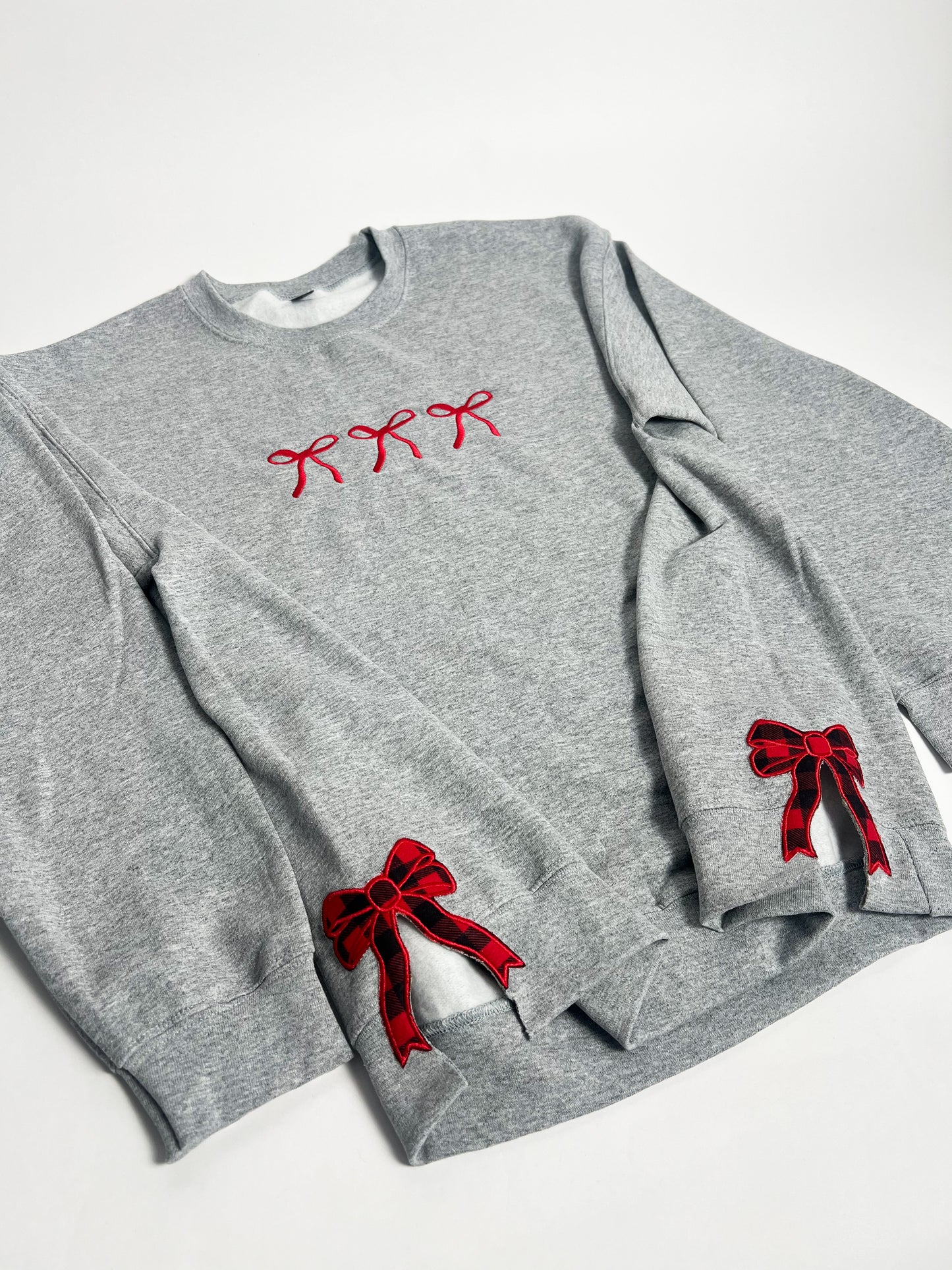 Bow Crewneck with Buffalo Plaid Fabric Side Bows